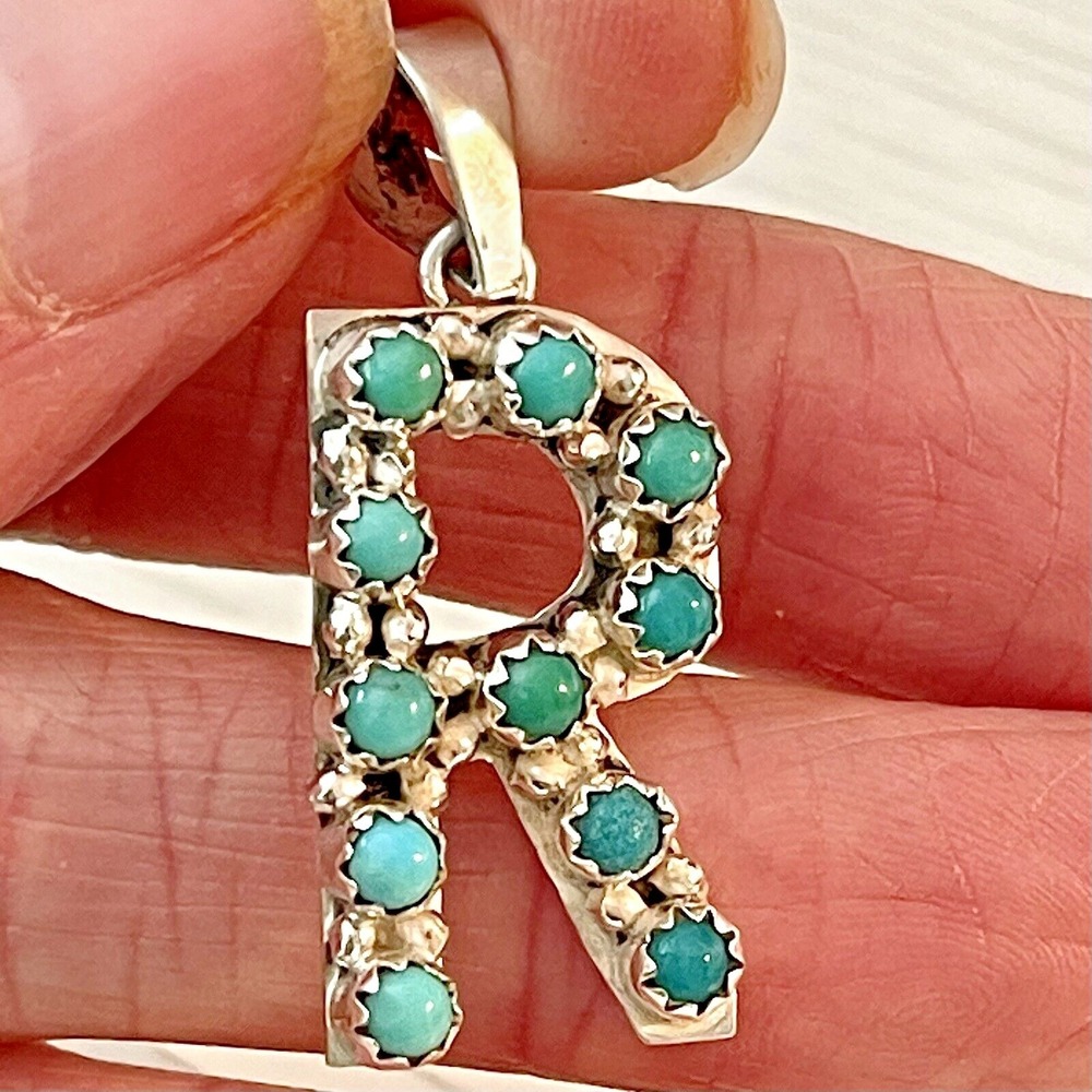 Initials Letter R Navajo Turquoise Pendant Sterling 925 Signed Native American